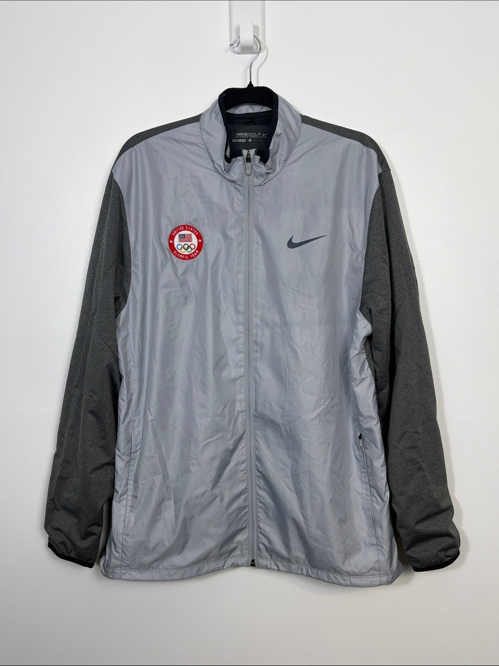 Nike Golf USA Olympic Team Jacket Mens Large Gray Windbreaker Full Zip Pockets